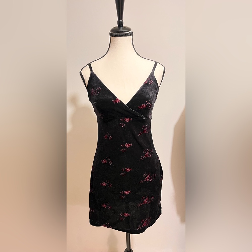 Black Velour Dress with Red Floral Embroidery